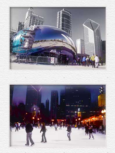 Cloud Gate and McCormick Tribune Ice Rink